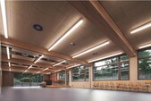 Salle polyvalente avec les poutres en bois de hêtre et les cloisons pliantes
